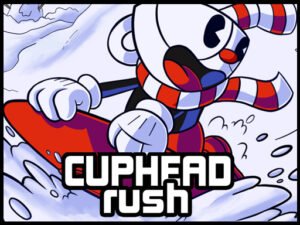 Gameplay du jeu Cuphead Rush montrant le personnage en train de sauter par-dessus un ennemi pour collecter des étoiles