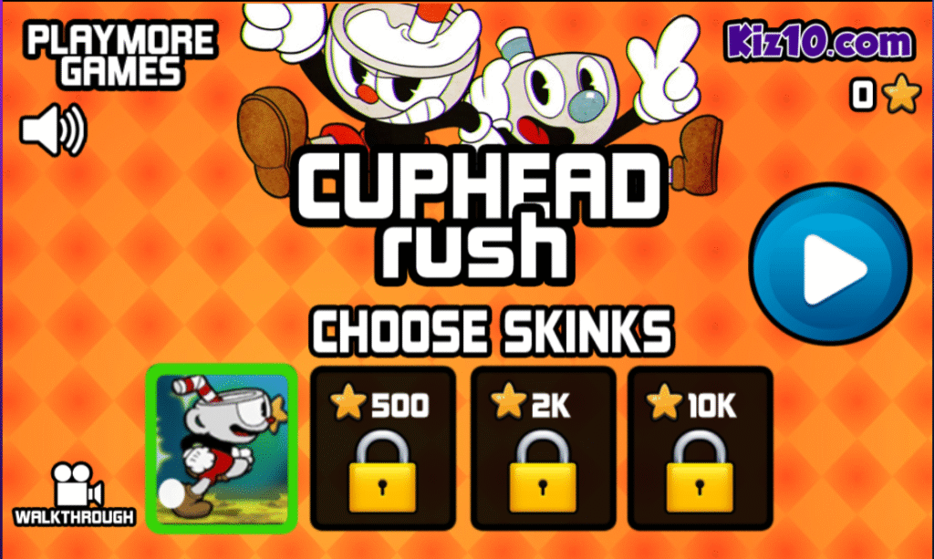 Cuphead Rush Game, le héros Cuphead court à toute vitesse dans un décor de dessin animé des années 30