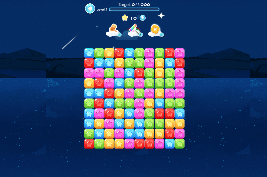 Grille de jeu colorée de Popstar Mania avec des étoiles prêtes à être éclatées