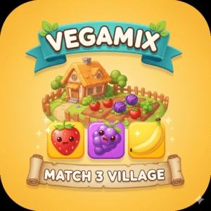 Icône du jeu Vegamix Match 3 Village avec des fruits et un village