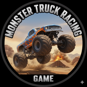 Monster Truck Racing Game en pleine action, sautant au-dessus d'obstacles sur une piste désertique