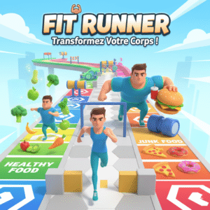 Personnage de Fit Runner courant sur un chemin avec des aliments et obstacles
