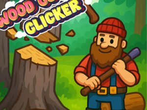 Gameplay de Wood Cutter Clicker montrant un bûcheron virtuel coupant un arbre dans une forêt