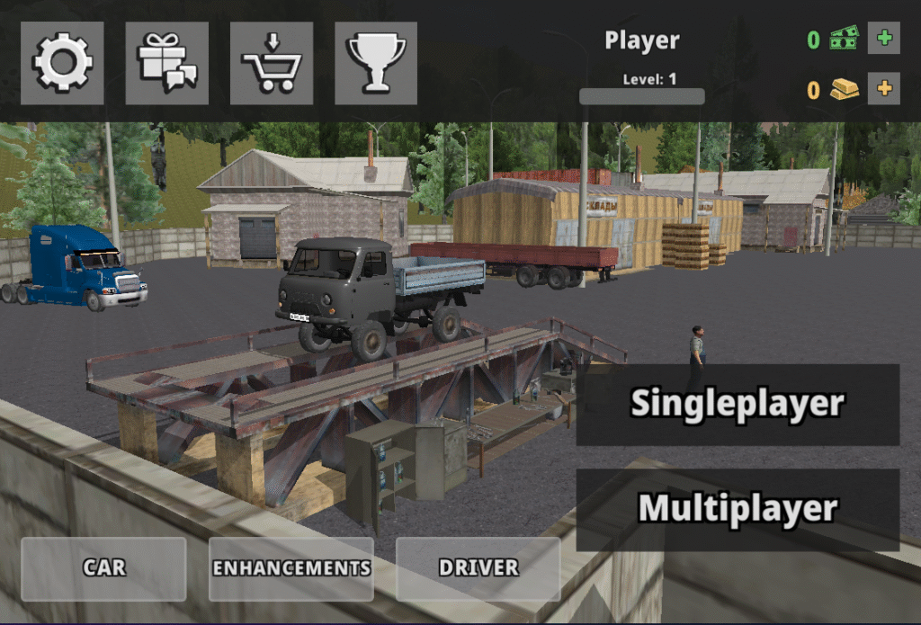 Truck simulator cockpit view with realistic controls and dashboard
