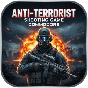 Icône du Jeu de Tir Anti-Terroriste : commando masqué avec fusil devant une explosion